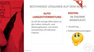 Copyright: Amedeo Marinelli - Dexcar Team
AUTO
LANGZEITVERMIETUNG
Ist oft die einzige Alternative zu
den hohen Ankaufs- und
Wartungskosten, mit einem
monatlichen All-Inklusive
Fixpreis.
KOSTEN:
Ab 350/400€
MONATLICH!!
+ Anzahlung …
+ Einkommensunterlagen
BESTEHENDE LÖSGUNEN AUF DEM MARKT:
 