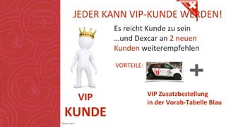 Copyright: Amedeo Marinelli - Dexcar Team
JEDER KANN VIP-KUNDE WERDEN!
Es reicht Kunde zu sein
…und Dexcar an 2 neuen
Kunden weiterempfehlen
VORTEILE:
VIP
KUNDE
VIP Zusatzbestellung
in der Vorab-Tabelle Blau
 