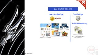 Copyright: Amedeo Marinelli - Dexcar Team
dexcoin -Beträge Euro-Beträge
bis € 9.000 steuerfrei in
Deutschland
ZAHLUNG BONUS
Banküberweisung
 