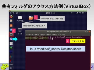 26
共有フォルダのアクセス方法例（VirtualBox）
2 コマンド入力
1
3
ln -s /media/sf_share/ Desktop/share
TreeFoam からアクセス不可
TreeFoam からアクセス可能
 