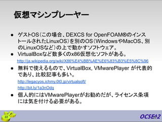 仮想マシンプレーヤー
● ゲストOS（この場合、DEXCS for OpenFOAM®のインス
トールされたLinuxOS）を別のOS（WindowsやMacOS、別
のLinuxOSなど）の上で動かすソフトウェア。
● VirtualBoxな...