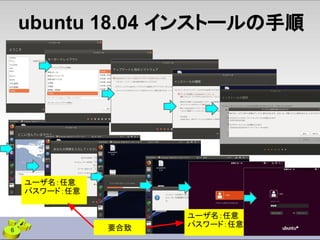 ubuntu 18.04 インストールの手順
ユーザ名：任意
パスワード：任意
ユーザ名：任意
パスワード：任意
要合致6
 