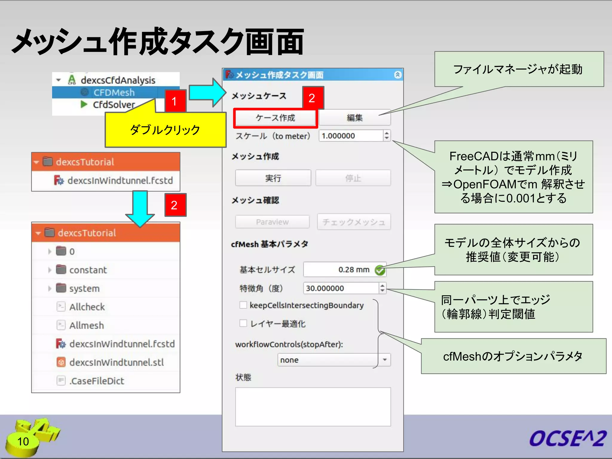 メッシュ作成タスク画面
10
2
2
ファイルマネージャが起動
FreeCADは通常mm（ミリ
メートル） でモデル作成
⇒OpenFOAMでm 解釈させ
る場合に0.001とする
モデルの全体サイズからの
推奨値（変更可能）
同一パーツ上でエッジ
（輪郭線）判定閾値
cfMeshのオプションパラメタ
ダブルクリック
1
 
