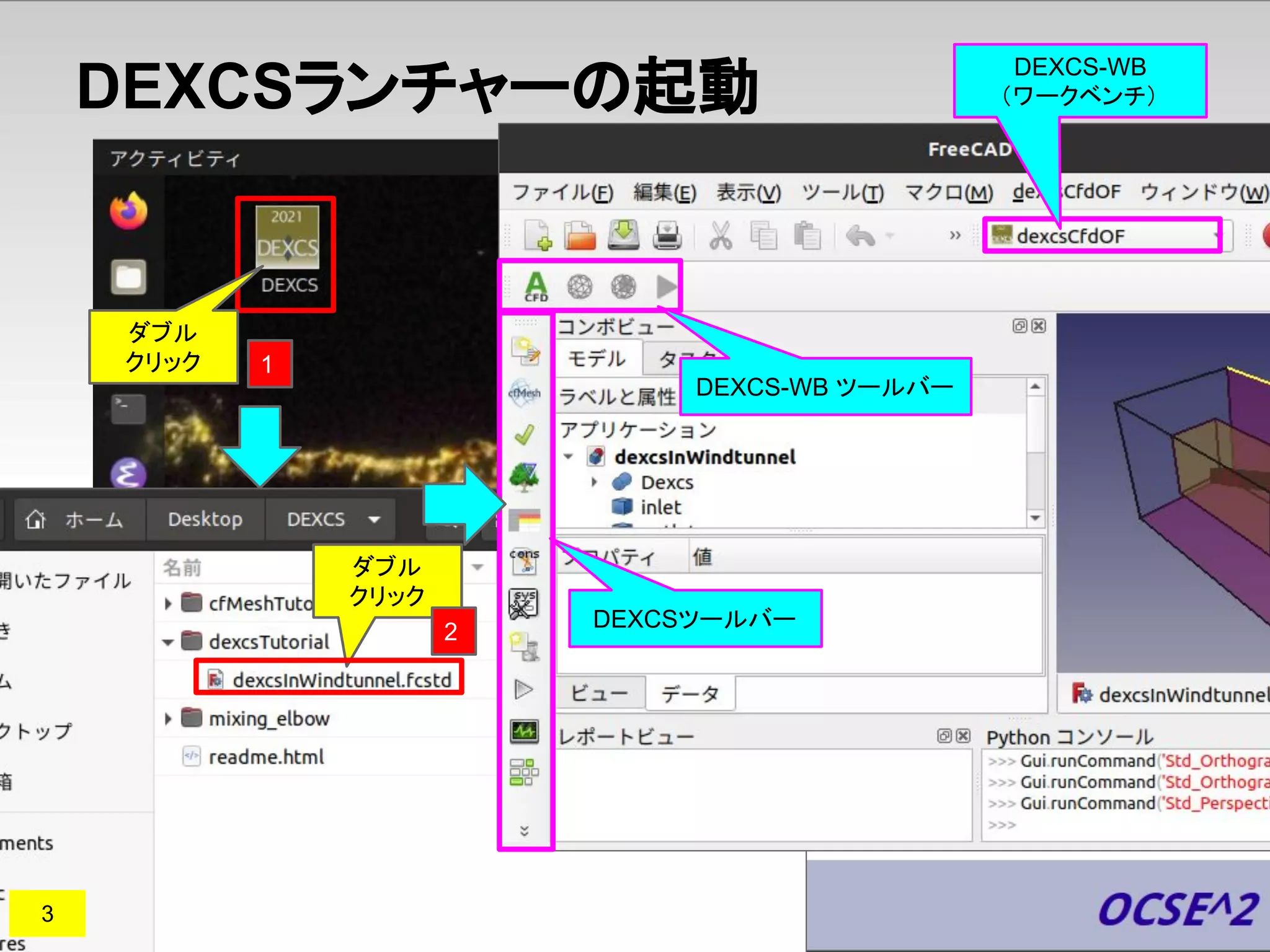 DEXCSランチャーの起動
ダブル
クリック
ダブル
クリック
1
2
DEXCSツールバー
3
DEXCS-WB ツールバー
DEXCS-WB
（ワークベンチ）
 