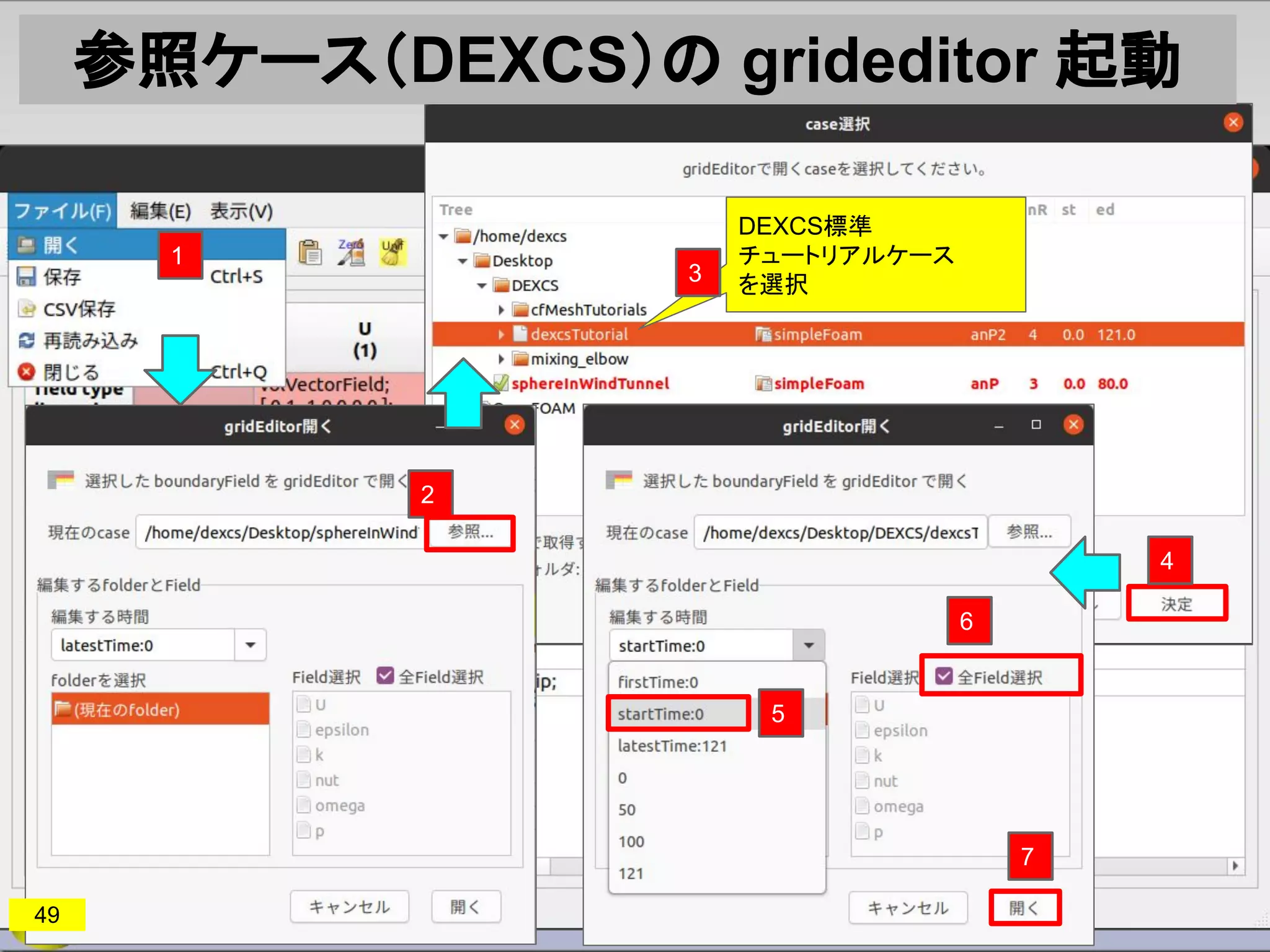 5
6
7
参照ケース（DEXCS）の grideditor 起動
49
1
2
DEXCS標準
チュートリアルケース
を選択
3
4
 