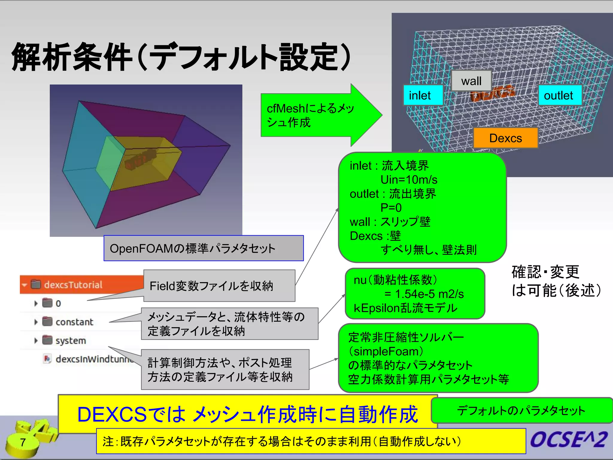 解析条件（デフォルト設定）
inlet outlet
wall
Dexcs
inlet : 流入境界
Uin=10m/s
outlet : 流出境界
P=0
wall : スリップ壁
Dexcs :壁
すべり無し、壁法則
確認・変更
は可能（後述）
メッシュデータと、流体特性等の
定義ファイルを収納
計算制御方法や、ポスト処理
方法の定義ファイル等を収納
Field変数ファイルを収納
定常非圧縮性ソルバー
（simpleFoam）
の標準的なパラメタセット
空力係数計算用パラメタセット等
cfMeshによるメッ
シュ作成
nu（動粘性係数）
= 1.54e-5 m2/s
ｋEpsilon乱流モデル
DEXCSでは メッシュ作成時に自動作成
注：既存パラメタセットが存在する場合はそのまま利用（自動作成しない）
OpenFOAMの標準パラメタセット
デフォルトのパラメタセット
7
 
