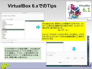 VirtualBox 6.xでのTips
21
VirtualBoxでは、仮想マシンの画面サイズが小さく、イン
ストール用のGUI画面が全て表示できず、インストール
用のボタン等が見えないが、
Alt + F7 キー
によって、マウスカーソルが十字マークに変化し、マウス
ドラッグによりインストール用 GUI画面を動かして操作で
きるようになる
p.27の共有ファイル設定の際に、 VirtualBoxの
GuestAdditionsとして 7.0.8 を自動インストー
ルする関係上、インストール後の使用中に何
かの拍子でエラー（？）が表示されることがあ
るが、実害は無いと思われる。
 
