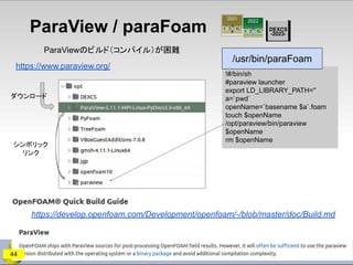 ParaView / paraFoam
!#/bin/sh
#paraview launcher
export LD_LIBRARY_PATH=''
a=`pwd`
openName=`basename $a`.foam
touch $openName
/opt/paraview/bin/paraview
$openName
rm $openName
/usr/bin/paraFoam
ParaViewのビルド（コンパイル）が困難
https://develop.openfoam.com/Development/openfoam/-/blob/master/doc/Build.md
https://www.paraview.org/
ダウンロード
シンボリック
リンク
44
 