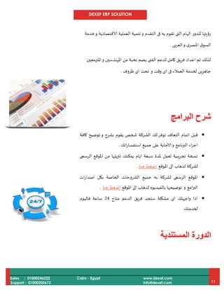 DEXEF ERP SOLUTION
Sales : 01000246222
Support : 01000205673
Cairo - Egypt www.dexef.com
info@dexef.com 11
‫ا‬ ‫للدور‬ ‫رؤيتها‬‫و‬ ‫التقدم‬ ‫فى‬ ‫به‬ ‫تقوم‬ ‫التى‬ ‫لهام‬‫خدمة‬‫و‬ ‫الاقتصادية‬ ‫العملية‬ ‫تنمية‬
‫العربى‬‫و‬ ‫ى‬‫املصر‬ ‫ق‬‫السو‬.
‫املهندس‬ ‫من‬ ‫نخبة‬ ‫يضم‬ ‫الفنى‬ ‫لدعم‬ ‫كامل‬ ‫فريق‬ ‫اعداد‬ ‫تم‬ ‫لذلك‬‫املبرمجين‬‫و‬ ‫ين‬
‫و‬ ‫وقت‬ ‫اى‬ ‫فى‬ ‫العمالء‬ ‫لخدمة‬ ‫جاهزين‬‫ظروف‬ ‫اى‬ ‫تحت‬.
‫البرامج‬ ‫شرح‬
‫كافة‬ ‫توضيح‬ ‫و‬ ‫بشرح‬ ‫يقوم‬ ‫شخص‬ ‫الشركة‬ ‫لك‬‫توفر‬ ‫التعاقد‬ ‫اتمام‬ ‫قبل‬
‫اتك‬‫ر‬‫استفسا‬ ‫جميع‬ ‫على‬ ‫الاجابة‬‫و‬ ‫البرنامج‬ ‫اء‬‫ز‬‫اج‬.
‫الرسمى‬ ‫املوقع‬ ‫من‬ ‫تنزيلها‬ ‫يمكنك‬ ‫ايام‬ ‫سبعة‬ ‫ملدة‬ ‫تعمل‬ ‫تجريبية‬ ‫نسخة‬
‫لشركة‬‫املوقع‬ ‫الى‬ ‫لذهاب‬‫هنا‬ ‫اضغط‬.
‫ات‬‫ر‬‫اصدا‬ ‫بكل‬ ‫الخاصة‬ ‫الشروحات‬ ‫جميع‬ ‫به‬ ‫لشركة‬ ‫الرسمى‬ ‫املوقع‬
‫و‬ ‫امج‬‫ر‬‫الب‬‫املوقع‬ ‫الى‬ ‫لذهاب‬ ‫بالفيديوه‬ ‫توضيحها‬‫هنا‬ ‫اضغط‬.
‫متاح‬ ‫الدعم‬ ‫فريق‬ ‫ستجد‬ ‫مشكلة‬ ‫اى‬ ‫واجهتك‬ ‫اذا‬42‫فاليوم‬ ‫ساعة‬
‫لخدمتك‬
‫المستندية‬ ‫الدورة‬
 