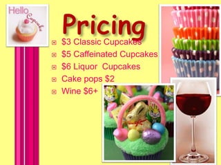Pricing$3 Classic Cupcakes$5 Caffeinated Cupcakes$6 Liquor  CupcakesCake pops $2Wine $6+