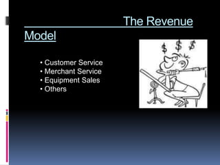 The Revenue
Model

  • Customer Service
  • Merchant Service
  • Equipment Sales
  • Others
 