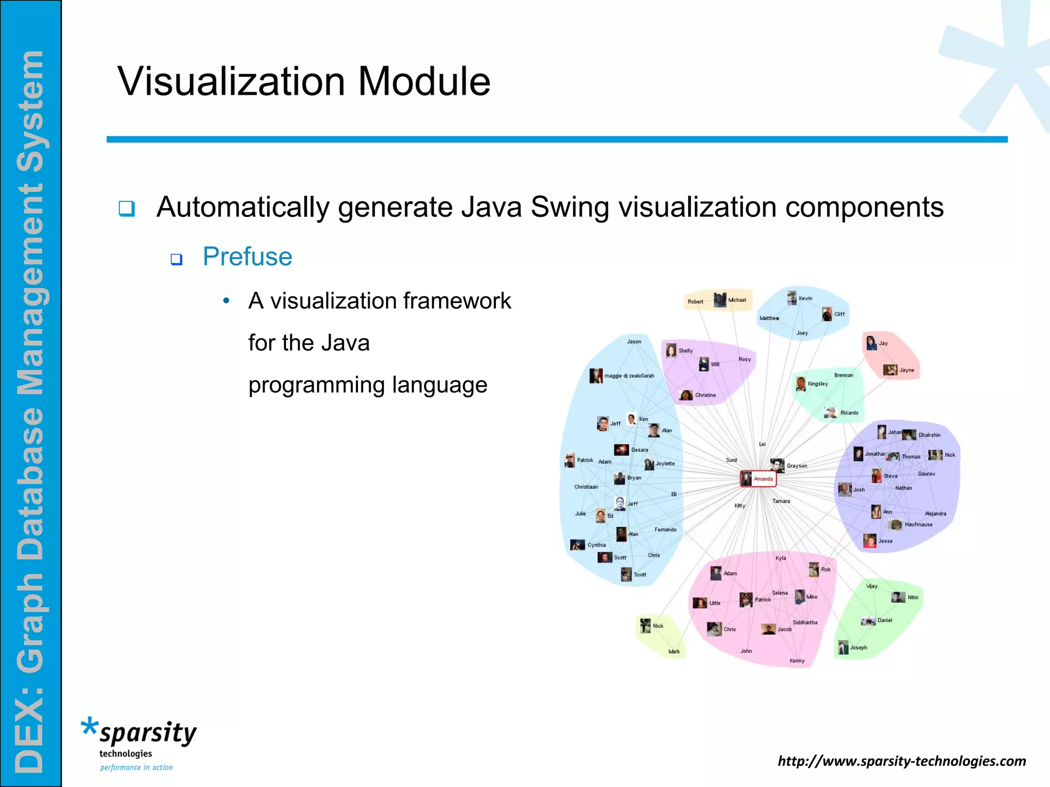 DEX:GraphDatabaseManagementSystem
http://www.sparsity-technologies.com
 Automatically generate Java Swing visualization components
 Prefuse
• A visualization framework
for the Java
programming language
Visualization Module
 