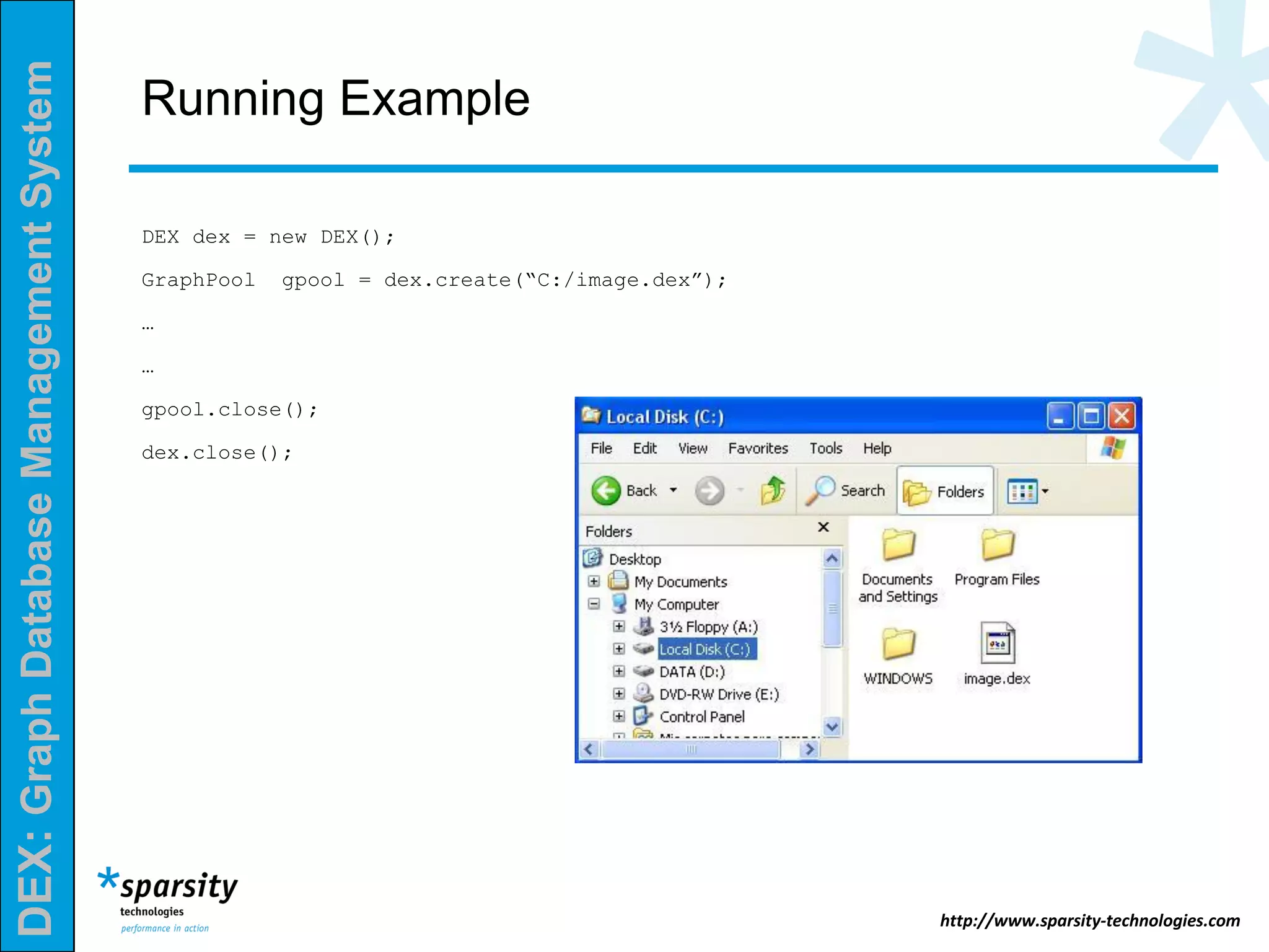 DEX:GraphDatabaseManagementSystem
http://www.sparsity-technologies.com
Running Example
DEX dex = new DEX();
GraphPool gpool = dex.create(“C:/image.dex”);
…
…
gpool.close();
dex.close();
 