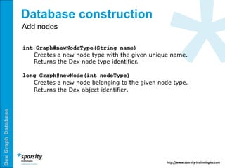 Database construction
                     Add nodes

                     int Graph#newNodeType(String name)
                        Creates a new node type with the given unique name.
                        Returns the Dex node type identifier.

                     long Graph#newNode(int nodeType)
                        Creates a new node belonging to the given node type.
                        Returns the Dex object identifier.
Dex Graph Database




                                                                    http://www.sparsity-technologies.com
 