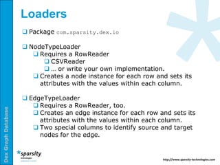 Loaders
                      Package com.sparsity.dex.io

                      NodeTypeLoader
                         Requires a RowReader
                            CSVReader
                            … or write your own implementation.
                         Creates a node instance for each row and sets its
                          attributes with the values within each column.

                      EdgeTypeLoader
                         Requires a RowReader, too.
Dex Graph Database




                         Creates an edge instance for each row and sets its
                          attributes with the values within each column.
                         Two special columns to identify source and target
                          nodes for the edge.


                                                                 http://www.sparsity-technologies.com
 