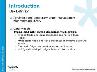 Introduction
                     Dex Definition
                        Persistent and temporary graph management
                         programming library.

                        Data model:
                         Typed and attributed directed multigraph.
                            Typed: Node and edge instances belong to a type
                             (label).
                            Attributed: Node and edge instances may have attribute
                             values.
                            Directed: Edge can be directed or undirected.
Dex Graph Database




                            Multigraph: Multiple edges between two nodes.




                                                                       http://www.sparsity-technologies.com
 