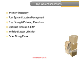 Top Warehouse Issues

 Inventory Inaccuracy

 Poor Space & Location      Management
 Poor Picking & Put-Away Procedures

 Stocktake Timeouts      & Effort
 Inefficient   Labour Utilisation
 Order Picking     Errors




                               www.barcode-it.co.uk
 