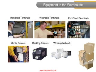 Equipment in the Warehouse


Handheld Terminals          Wearable Terminals           Fork Truck Terminals




Mobile Printers      Desktop Printers       Wireless Network




                            www.barcode-it.co.uk
 