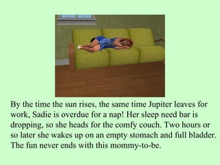 By the time the sun rises, the same time Jupiter leaves for work, Sadie is overdue for a nap! Her sleep need bar is dropping, so she heads for the comfy couch. Two hours or so later she wakes up on an empty stomach and full bladder. The fun never ends with this mommy-to-be.  
