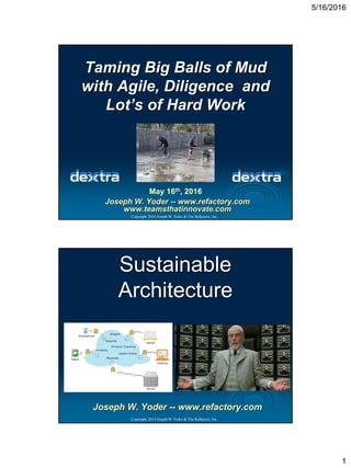 5/16/2016
1
Joseph W. Yoder -- www.refactory.com
www.teamsthatinnovate.com
Taming Big Balls of Mud
with Agile, Diligence and
Lot’s of Hard Work
Copyright 2016 Joseph W. Yoder & The Refactory, Inc.
May 16th, 2016
Sustainable
Architecture
Copyright 2014 Joseph W. Yoder & The Refactory, Inc.
Joseph W. Yoder -- www.refactory.com
 