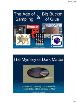 5/16/2016
10
Sustaining Your Architecture
The Age of
Sampling
Big Bucket
of Glue&
Sustaining Your Architecture
The Mystery of Dark Matter
Accidental Complexity??? Maybe our
current state of the art leads to Mud!
 