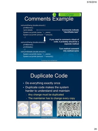5/16/2016
28
Sustaining Your Architecture
Comments Example
void printOwing (double amount) {
printBanner();
//print details
System.out.println (name: “ + _name);
System.out.println (amount: “ + amount);
…}
Comments indicate
"identifiable task”
void printOwing (double amount) {
printBanner();
printDetails();
…}
void printDetails (double amount) {
System.out.println (name: “ + _name);
System.out.println (amount: “ + amount);}
If you need to comment a block of
code, it probably should be a
separate method
Turn method comment
into method name
Sustaining Your Architecture
Duplicate Code
 Do everything exactly once
 Duplicate code makes the system
harder to understand and maintain
 Any change must be duplicated
 The maintainer has to change every copy
 