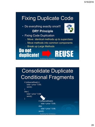 5/16/2016
29
Sustaining Your Architecture
Fixing Duplicate Code
 Do everything exactly once!!!
 Fixing Code Duplication
 Move identical methods up to superclass
 Move methods into common components
 Break up Large Methods
REUSE
Do not
duplicate!
DRY Principle
Sustaining Your Architecture
Consolidate Duplicate
Conditional Fragments
if (isSpecialDeal()) {
total = price * 0.95;
send();
}
else {
total = price * 0.98;
send();
}
if (isSpecialDeal())
total = price * 0.95;
else
total = price * 0.98;
send();
 