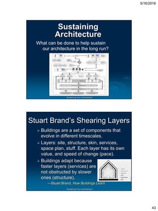 5/16/2016
43
Sustaining Your Architecture
Sustaining
Architecture
What can be done to help sustain
our architecture in the long run?
Sustaining Your Architecture
Stuart Brand’s Shearing Layers
 Buildings are a set of components that
evolve in different timescales.
 Layers: site, structure, skin, services,
space plan, stuff. Each layer has its own
value, and speed of change (pace).
 Buildings adapt because
faster layers (services) are
not obstructed by slower
ones (structure).
—Stuart Brand, How Buildings Learn
 