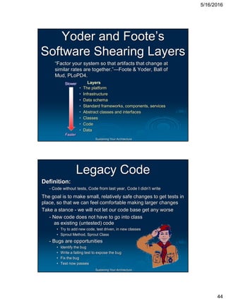 5/16/2016
44
Sustaining Your Architecture
Yoder and Foote’s
Software Shearing Layers
“Factor your system so that artifacts that change at
similar rates are together.”—Foote & Yoder, Ball of
Mud, PLoPD4.
• The platform
• Infrastructure
• Data schema
• Standard frameworks, components, services
• Abstract classes and interfaces
• Classes
• Code
• Data
LayersSlower
Faster
Sustaining Your Architecture
Legacy Code
Definition:
- Code without tests, Code from last year, Code I didn’t write
The goal is to make small, relatively safe changes to get tests in
place, so that we can feel comfortable making larger changes
Take a stance - we will not let our code base get any worse
- New code does not have to go into class
as existing (untested) code
• Try to add new code, test driven, in new classes
• Sprout Method, Sprout Class
- Bugs are opportunities
• Identify the bug
• Write a failing test to expose the bug
• Fix the bug
• Test now passes
 