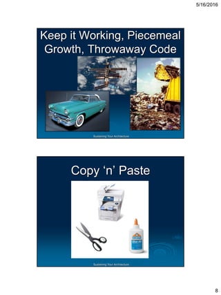 5/16/2016
8
Sustaining Your Architecture
Keep it Working, Piecemeal
Growth, Throwaway Code
Sustaining Your Architecture
Copy ‘n’ Paste
 