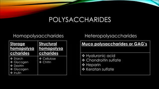 POLYSACCHARIDES
Homopolysaccharides
Storage
homopolysa
ccharides
Structural
homopolysa
ccharides
v Starch
v Glycogen
v Dextrin
v Glycogen
v Inulin
v Cellulose
v Chitin
Heteropolysaccharides
Muco polysaccharides or GAG’s
v Hyaluronic acid
v Chondroitin sulfate
v Heparin
v Keratan sulfate
 
