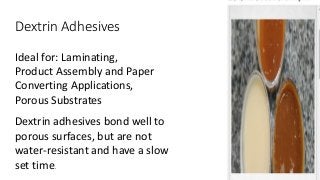 Dextrin Adhesives
Ideal for: Laminating,
Product Assembly and Paper
Converting Applications,
Porous Substrates
Dextrin adhesives bond well to
porous surfaces, but are not
water-resistant and have a slow
set time.
 