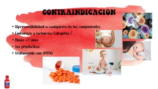 CONTRAINDICACION
• Hipersensibilidad a cualquiera de los componentes
• Embarazo y lactancia: Categoría C
• Niños <2 años
• Tos productiva
• Tratamiento con IMAO
 