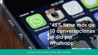 La escucha como motor del cambio
“45% tiene más de
10 conversaciones
al día por
Whatsapp”
 