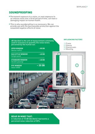DEYPLASA   11



SOUNDPROOFING
Permanent exposure to a noise, or even exposure to
an intense noise over a brief period of time, can have a
damaging impact on human health.

This is why soundproofing is so necessary. We can
provide you with the best possible protection against the
unwanted negative effects of noise.




                                                            INFLUENCING FACTORS
 dB (decibel) is the unit of measurement commonly
 used in acoustics to quantify the noise levels             1 | Frame
 perceived by the human ear.                                2 | Glazing
                                                            3 | Glazing seals
 OPEN WINDOW 	                    ~ 80 DB                   4 | Mounting
 (dense traffic)

 OLD-STYLE WINDOW 	               ~ 60 DB
 (single pane)

 STANDARD WINDOW 	               ~ 48 DB
 (double glazing)

 PVC WINDOW 	                  ~ 35 DB
 (Ideal 4000)




 BEAR IN MIND THAT:
 A reduction of 10 dB (decibels) represents a
 perceived noise reduction of 50%.
 