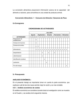 10


La conversión alimenticia proporcionó información acerca de la capacidad del
alimento a racionar, para convertirse en una unidad de producto animal.


   Conversión Alimenticia = Consumo de Alimento / Ganancia de Peso


8.-Cronograma


                          CRONOGRAMA DE ACTIVIDADES

                                                         Año 2010
                            Agosto       Septiembre          Octubre       Noviembre       Diciembre
      ACTIVIDADES          1 2 3 4       1   2   3   4   1 2 3 4 1 2               3   4   1 2 3       4
Preparación de
                                     x
instalaciones
Compra de insumos                    x
Compra de cerdos
                                     x x

alimentacion                         x   x   x   x   x   x    x   x    x   x   x   x   x   x   x   x

despacitacion                                    x            x            x

vitaminizacion                                   x

identificación (areteo)                              x

castración                                               x

Fin del ensayo                                                                                     x




9.- Presupuesto


ANÁLISIS ECONÓMICO.-
En el presente trabajo es importante tomar en cuenta la parte económica, que
explicara cuál de las dos razas asimila mejor la ración y es mas rentable
5.5.1. Análisis económico de costos
El análisis económico se considera durante toda la investigación como se muestra
en el Cuadro y se analizo de la siguiente manera.
 