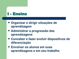 I - Ensino Organizar e dirigir situações de aprendizagem Administrar a progressão das aprendizagens Conceber e fazer evoluir dispositivos de diferenciação  Envolver os alunos em suas aprendizagens e em seu trabalho   