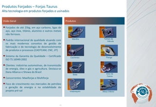 Visão Geral Forjados de até 25kg, em aço carbono, ligas de aço, aço inox, titânio, alumínio e outros metais não ferrosos.  Padrão internacional de qualidade atuando com os mais modernos conceitos de gestão de fabricação e de tecnologia de desenvolvimento de produtos e processos (CAD?CAM, CNC, JIT) Sistema da Garantia da Qualidade – Certificado ISO TS 16949:2002 Clientes: indústrias automotivas, de transmissão de energia, óleo e gás e agricultura. Destaca-se Dana Albarus e Showa do Brasil Concorrentes: Maxiforjas e Multiforja Foco de crescimento nos mercados de petróleo e geração de energia e na estabilidade do projeto pré-sal Produtos Produtos Forjados – Forjas Taurus Alta tecnologia em produtos forjados e usinados Manilha Tampa da  Válvula Biela Cachimbo Flange Eixo de Canos Virabrequim Mesa Inferior 