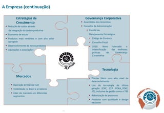 A Empresa (continuação)

          Estratégias de                              Governança Corporativa
          Crescimento                               Assembléia dos Acionistas
  Redução de custos através                        Conselho de Administração
   da integração da cadeia produtiva                    Comitê de
  Economia de escala                                     Planejamento Estratégico
  Produtos mais rentáveis e com alto valor                Código de Conduta
   agregado                                                Conselho Fiscal
  Desenvolvimento de novos produtos                       2010:      Novo       Mercado    e
  Aquisições e associações                                 intensificação       das melhores
                                                            práticas       de       Governança
                                                            Corporativa




                                                                      Tecnologia
          Mercados                                         Plantas fabris com alto nível de
                                                            desenvolvimento
      Operação direta nos EUA                             Uso de tecnologia de última
      Visibilidade no Brasil e arredores                   geração (CNC, CEP, POKA_YOKE,
                                                            JIT), inclusive de gestão como o TBS
      Líder de mercado em diferentes
       segmentos                                           Robotização de processos
                                                           Produtos com qualidade e design
                                                            exclusivo


                                              11
 