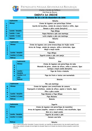 PATRONATO NOSSA SENHORA DA BONANÇA
Creche e Jardim-de-Infância
Vila Praia de Âncora
EMENTA DA CRECHE
Semana de 26 a 30 de dezembro de 2016
S
E
G
U
N
D
A
Suplemento Bolacha
Almoço Creme de legumes com peixe/Sopa Juliana
Açorda de bacalhau, salada de cenoura tomate e milho, água
Banana e pêra cozida (berçário)
Lanche - berçário Papa Milupa
Lanche – 1 ano Papas Nestum e pão com manteiga
Lanche – 2 anos Leite simples e pão com manteiga
Reforço Bolacha
T
E
R
Ç
A
Suplemento Bolacha
Almoço Creme de legumes com carne branca/Sopa de feijão-verde
Arroz de frango, salada de cenoura, milho e beterraba, água
Maçã e maçã cozida
Lanche - berçário Papa Milupa
Lanche: 1 e 2 anos Iogurte aroma e pão com queijo
Reforço Bolacha
Q
U
A
R
T
A
Suplemento Kiwi
Almoço Creme de legumes com peixe/Sopa de nabo
Massada de peixe, salada de alface, milho e cenoura, água
Laranja e maçã cozida (berçário)
Lanche -
berçário
Papa de fruta e bolacha
Lanche: 1 e 2
anos
Papa de fruta e tostas com marmelada
Reforço Bolacha
Q
U
I
N
T
A
Suplemento Pão com manteiga
Almoço Creme de legumes com carne/Creme de cenoura
Esparguete à bolonhesa, salada de alface, pepino e tomate, água
Pêra e pêra cozida
Lanche - berçário Papa Maizena e Papa Milupa
Lanche: 1 e 2 anos Papa Maizena
Reforço Bolacha
S
E
X
T
A
Suplemento Iogurte
Almoço Creme de legumes com peixe/Sopa de massinhas
Arroz de legumes (repolho, cenoura e ervilhas), ovos escalfados, água
Bolo rei e maçã cozida
Lanche - berçário Iogurte de aroma e pão
Lanche: 1 e 2 anos Cereais com leite
Reforço Bolacha
Nota: a ementa pode sofrer alterações. O grupo do berçário, por questões de desenvolvimento tem uma ementa específica para
cada criança, mediante indicação do encarregado de educação. Depois da introdução dos alimentos sólidos acompanha a ementa dos
restantes
 