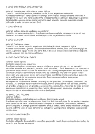 6- JOGO COM TABELA DOS ATRIBUTOS
Material: 1 cartela para cada criança, blocos lógicos
Conteúdo: discriminação visual, conceitos de cor, forma, espessura e tamanho.
A professora entrega 1 cartela para cada criança e em seguida 1 bloco que será analisado. A
criança deverá fazer uma ficha quadradinho correspondente aos atributos daquela peça.Exemplo
de tabela (da esquerda para a direita: vermelho, azul, amarelo, triangulo, quadrado, circulo,
retângulo, grande, pequeno, grosso, fino).
7- JOGO SÍNTESE
Material: cartelas como as usadas no jogo anterior
Conteúdo: os mesmos do anterior. A professora entrega uma ficha para cada criança, só que
dessa vez ela marca os atributos e a criança procura a peça correspondente.
8- JOGO DA CÓPIA
Material: 2 caixas de blocos
Conteúdo: cor, forma, tamanho, espessura, discriminação visual, sequencia lógica
A classe é dividida em 2 grupos. Dois alunos sentam frente a frente, cada uma com um jogo de
blocos. A primeira equipe monta uma série de 5, 6 blocos e a segunda equipe terá que copiá-la,
usando as peças com os mesmos atributos.
9- JOGO DA SEQÜÊNCIA LÓGICA
Material: blocos lógicos
Conteúdo: especifico da sequencia
A professora dispõe as peças numa mesa e monta uma sequencia, por cor, por exemplo:
vermelho, amarelo, azul, vermelho, amarelo, azul, vermelho .... Pedir às crianças que observem o
que tem de especial nessa cobra. Se as crianças não conseguirem perceber a sequencia, pode-
se colocar um cartão com mancha de cor acima de cada bloco. Isto fará com que se isole o
critério cor, uma vez que os blocos apresentam todos os critérios simultaneamente, o que pode
gerar a dificuldade de percepção da sequencia. Quem conseguir colocar suas peças
primeiramente, será o vencedor.
As sequencias podem variar: formas: um triângulo, um quadrado, um retângulo, um círculo, um
triângulo... As crianças deverão dar continuidade, sem se preocuparem com as cores.tamanho:
um grande e um pequeno, um grande...espessura: fino, grosso, fino...Podemos dar início e deixar
as crianças descobrirem a sequencia. Se a maioria não conseguir, aquela que visualizou a
sequencia, coloca as cartelas de ordem acima das figuras.
10- BINGO COM FIGURAS
Material: cartelas
Conteúdo: todos os trabalhados com os blocos, discriminação visual
A professora confecciona cartelas com os desenhos de todas as figuras. As peças são colocadas
todas dentro de um saco. Uma criança retira uma peça e a descreve: um quadrado, vermelho,
grosso, pequeno. A criança que tiver o desenho em sua cartela, tem o direito de colocar um feijão
ou uma pedrinha sobre a figura para marcar os lugares. Quem primeiro completar suas cartelas
vence o jogo.
11- JOGO DA DESCRIÇÃO
Material: blocos lógicos
Conteúdo: utilização de vocabulário especifico, percepção visual, desenvolvimento das noções de
tamanho, cor, forma e espessura.
 