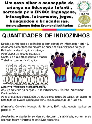 QUANTIDADES DE INDIOZINHOS
Estabelecer noções de quantidades com contagem informal de 1 até 10.
Aprimorar a coordenação motora ao encaixar os indiozinhos no bote;
Estimular a visualização da criança;
Aperfeiçoar as noções espaciais;
Contar de 1 até 10 conforme a música;
Trabalhar com musicalização.
Desenvolvimentos Metodológicos:
Assistir ao vídeo da canção - "Os Indiozinhos – Galinha Pintadinha"
Canta música.
As crianças irão encaixando os indiozinhos feitos de palitos de picolé no
bote feito de Eva no cartaz conforme vamos contando de 1 até 10.
Materiais: Cartolina branca, giz de cera, EVA, cola, caneta, palitos de
picolé e TV.
Avaliação: A avaliação se deu no decorrer da atividade, conforme as
crianças foram atingindo os objetivos propostos.
 