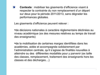 Contexte  : mobiliser les gisements d’efficience visant à respecter la contrainte du non remplacement d’un départ sur deux pour la période 2011/2013, sans dégrader les performances globales . Les gisements d’efficience peuvent relever : de décisions nationales à caractère réglementaire déclinées au niveau académique (ex des mesures relatives au temps de travail des enseignants)  de la mobilisation de certaines marges identifiées dans les académies, aidée et accompagnée solidairement par l’administration centrale, qu’il s’agisse de finalités nouvelles à atteindre ou des  différentes modalités pour y parvenir (ex taille des classes, remplacement, traitement des enseignants hors les classes et des décharges…) 