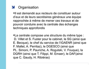 Organisation Il est demandé aux recteurs de constituer autour d’eux et de leurs secrétaires généraux une équipe rapprochée à même de mener ces travaux et de pouvoir conduire avec la centrale des échanges techniques approfondis La centrale compose une structure du même type : D. Villet et S. Fuster pour le cabinet, le SG (ainsi que E. Becque), le chef du service de l’IGAENR (ainsi que F. Mallet, A. Perritaz), le DGESCO (ainsi que  PL. Simoni, P. Pauriche, A. Rogulski, V. Fouque), la DGRH (ainsi que T. Filippi, M. Emaer), le DAF(ainsi que C. Gaudy, H. Ribiéras) 
