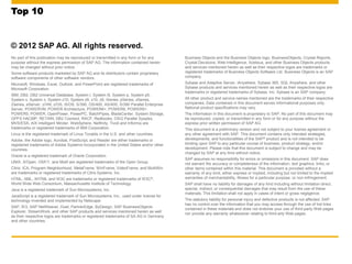 Top 10
© 2012 SAP AG. All rights reserved.
Business Objects and the Business Objects logo, BusinessObjects, Crystal Reports,
Crystal Decisions, Web Intelligence, Xcelsius, and other Business Objects products
and services mentioned herein as well as their respective logos are trademarks or
registered trademarks of Business Objects Software Ltd. Business Objects is an SAP
company.
Sybase and Adaptive Server, iAnywhere, Sybase 365, SQL Anywhere, and other
Sybase products and services mentioned herein as well as their respective logos are
trademarks or registered trademarks of Sybase, Inc. Sybase is an SAP company.
All other product and service names mentioned are the trademarks of their respective
companies. Data contained in this document serves informational purposes only.
National product specifications may vary.
The information in this document is proprietary to SAP. No part of this document may
be reproduced, copied, or transmitted in any form or for any purpose without the
express prior written permission of SAP AG.
This document is a preliminary version and not subject to your license agreement or
any other agreement with SAP. This document contains only intended strategies,
developments, and functionalities of the SAP® product and is not intended to be
binding upon SAP to any particular course of business, product strategy, and/or
development. Please note that this document is subject to change and may be
changed by SAP at any time without notice.
SAP assumes no responsibility for errors or omissions in this document. SAP does
not warrant the accuracy or completeness of the information, text graphics, links, or
other items contained within this material. This document is provided without a
warranty of any kind, either express or implied, including but not limited to the implied
warranties of merchantability, fitness for a particular purpose, or non-infringement.
SAP shall have no liability for damages of any kind including without limitation direct,
special, indirect, or consequential damages that may result from the use of these
materials. This limitation shall not apply in cases of intent or gross negligence.
The statutory liability for personal injury and defective products is not affected. SAP
has no control over the information that you may access through the use of hot links
contained in these materials and does not endorse your use of third-party Web pages
nor provide any warranty whatsoever relating to third-arty Web pages.
No part of this publication may be reproduced or transmitted in any form or for any
purpose without the express permission of SAP AG. The information contained herein
may be changed without prior notice.
Some software products marketed by SAP AG and its distributors contain proprietary
software components of other software vendors.
Microsoft, Windows, Excel, Outlook, and PowerPoint are registered trademarks of
Microsoft Corporation.
IBM, DB2, DB2 Universal Database, System I, System i5, System p, System p5,
System x, System z, System z10, System z9, z10, z9, iSeries, pSeries, xSeries,
Zseries, eServer, z/VM, z/OS, i5/OS, S/390, OS/400, AS/400, S/390 Parallel Enterprise
Server, POWERVM, POWER Architecture, POWER6+, POWER6, POWER5+,
POWER5, POWER, OpenPower, PowerPC, BatchPipes, BladeCenter, System Storage,
GPFS HACMP, RETAIN, DB2 Coonect, RACF, Redbooks, OS/2 Parallel Sysplex,
MVS/ESA, AIX Intelligent Minder, WebSphere, Netfinity, Tivoli and Informix are
trademarks or registered trademarks of IBM Corporation.
Linux is the registered trademark of Linus Tovalds in the U.S. and other countries.
Adobe, the Adobe logo, Acrobat, PostScript, and Reader are either trademarks or
registered trademarks of Adobe Systems Incorporated in the United States and/or other
countries.
Oracle is a registered trademark of Oracle Corporation.
UNIX, X/Open, OSF/1, and Motif are registered trademarks of the Open Group.
Citrix, ICA, Program Neighborhood, MetaFrame, WinFrame, VideoFrame, and MultiWin
are trademarks or registered trademarks of Citrix Systems, Inc.
HTML, XML, XHTML and W3C are trademarks or registered trademarks of W3C®,
World Wide Web Consortium, Massachusetts Institute of Technology.
Java is a registered trademark of Sun Microsystems, Inc.
JavaScript is a registered trademark of Sun Microsystems, Inc., used under license for
technology invented and implemented by Netscape.
SAP, R/3, SAP NetWeaver, Duet, PartnerEdge, ByDesign, SAP BusinessObjects
Explorer, StreamWork, and other SAP products and services mentioned herein as well
as their respective logos are trademarks or registered trademarks of SA AG in Germany
and other countries.
 