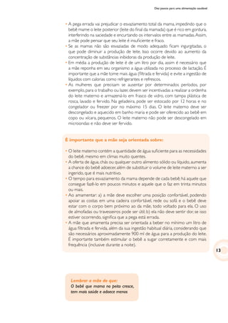 Dez passos para uma alimentação saudável
•	A pega errada vai prejudicar o esvaziamento total da mama, impedindo que o
bebê mame o leite posterior (leite do final da mamada) que é rico em gordura,
interferindo na saciedade e encurtando os intervalos entre as mamadas.Assim,
a mãe pode pensar que seu leite é insuficiente e fraco.
•	Se as mamas não são esvaziadas de modo adequado ficam ingurgitadas, o
que pode diminuir a produção de leite. Isso ocorre devido ao aumento da
concentração de substâncias inibidoras da produção de leite.
•	Em média a produção de leite é de um litro por dia, assim é necessário que
a mãe reponha em seu organismo a água utilizada no processo de lactação. É
importante que a mãe tome mais água (filtrada e fervida) e evite a ingestão de
líquidos com calorias como refrigerantes e refrescos.
•	As mulheres que precisam se ausentar por determinados períodos, por
exemplo,para o trabalho ou lazer,devem ser incentivadas a realizar a ordenha
do leite materno e armazená-lo em frasco de vidro, com tampa plástica de
rosca, lavado e fervido. Na geladeira, pode ser estocado por 12 horas e no
congelador ou freezer por no máximo 15 dias. O leite materno deve ser
descongelado e aquecido em banho maria e pode ser oferecido ao bebê em
copo ou xícara, pequenos. O leite materno não pode ser descongelado em
microondas e não deve ser fervido.
É importante que a mãe seja orientada sobre:
•	O leite materno contém a quantidade de água suficiente para as necessidades
do bebê, mesmo em climas muito quentes.
•	A oferta de água, chás ou qualquer outro alimento sólido ou líquido, aumenta
a chance do bebê adoecer, além de substituir o volume de leite materno a ser
ingerido, que é mais nutritivo.
•	O tempo para esvaziamento da mama depende de cada bebê; há aquele que
consegue fazê-lo em poucos minutos e aquele que o faz em trinta minutos
ou mais.
•	Ao amamentar: a) a mãe deve escolher uma posição confortável, podendo
apoiar as costas em uma cadeira confortável, rede ou sofá e o bebê deve
estar com o corpo bem próximo ao da mãe, todo voltado para ela. O uso
de almofadas ou travesseiros pode ser útil; b) ela não deve sentir dor, se isso
estiver ocorrendo, significa que a pega está errada.
•	A mãe que amamenta precisa ser orientada a beber no mínimo um litro de
água filtrada e fervida, além da sua ingestão habitual diária, considerando que
são necessários aproximadamente 900 ml de água para a produção do leite.
É importante também estimular o bebê a sugar corretamente e com mais
frequência (inclusive durante a noite).
Lembrar a mãe de que:
O bebê que mama no peito cresce,
tem mais saúde e adoece menos
13
 