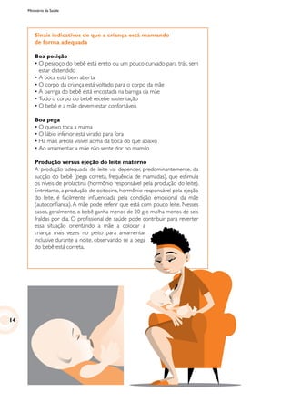 Ministério da Saúde
Sinais indicativos de que a criança está mamando
de forma adequada
Boa posição
•	O pescoço do bebê está ereto ou um pouco curvado para trás, sem
estar distendido
•	A boca está bem aberta
•	O corpo da criança está voltado para o corpo da mãe
•	A barriga do bebê está encostada na barriga da mãe
•	Todo o corpo do bebê recebe sustentação
•	O bebê e a mãe devem estar confortáveis
Boa pega
•	O queixo toca a mama
•	O lábio inferior está virado para fora
•	Há mais aréola visível acima da boca do que abaixo
•	Ao amamentar, a mãe não sente dor no mamilo
Produção versus ejeção do leite materno
A produção adequada de leite vai depender, predominantemente, da
sucção do bebê (pega correta, frequência de mamadas), que estimula
os níveis de prolactina (hormônio responsável pela produção do leite).
Entretanto, a produção de ocitocina, hormônio responsável pela ejeção
do leite, é facilmente influenciada pela condição emocional da mãe
(autoconfiança). A mãe pode referir que está com pouco leite. Nesses
casos, geralmente, o bebê ganha menos de 20 g e molha menos de seis
fraldas por dia. O profissional de saúde pode contribuir para reverter
essa situação orientando a mãe a colocar a
criança mais vezes no peito para amamentar
inclusive durante a noite, observando se a pega
do bebê está correta.
14
 