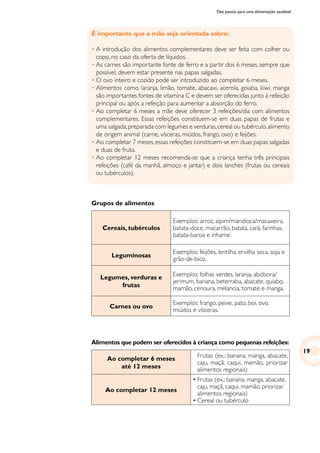Dez passos para uma alimentação saudável
É importante que a mãe seja orientada sobre: 	
•	A introdução dos alimentos complementares deve ser feita com colher ou
copo, no caso da oferta de líquidos.
•	As carnes são importante fonte de ferro e a partir dos 6 meses, sempre que
possível, devem estar presente nas papas salgadas.
•	O ovo inteiro e cozido pode ser introduzido ao completar 6 meses.
•	Alimentos como laranja, limão, tomate, abacaxi, acerola, goiaba, kiwi, manga
são importantes fontes de vitamina C e devem ser oferecidas junto à refeição
principal ou após a refeição para aumentar a absorção do ferro.
•	Ao completar 6 meses a mãe deve oferecer 3 refeições/dia com alimentos
complementares. Essas refeições constituem-se em duas papas de frutas e
uma salgada,preparada com legumes e verduras,cereal ou tubérculo,alimento
de origem animal (carne, vísceras, miúdos, frango, ovo) e feijões.
•	Ao completar 7 meses, essas refeições constituem-se em duas papas salgadas
e duas de fruta.
•	Ao completar 12 meses recomenda-se que a criança tenha três principais
refeições (café da manhã, almoço e jantar) e dois lanches (frutas ou cereais
ou tubérculos).
Grupos de alimentos
Cereais, tubérculos
Exemplos: arroz, aipim/mandioca/macaxeira,
batata-doce, macarrão, batata, cará, farinhas,
batata-baroa e inhame.
Leguminosas
Exemplos: feijões, lentilha, ervilha seca, soja e
grão-de-bico.
Legumes, verduras e
frutas
Exemplos: folhas verdes, laranja, abóbora/
jerimum, banana, beterraba, abacate, quiabo,
mamão, cenoura, melancia, tomate e manga.
Carnes ou ovo
Exemplos: frango, peixe, pato, boi, ovo,
miúdos e vísceras.
Alimentos que podem ser oferecidos à criança como pequenas refeições:
Ao completar 6 meses
até 12 meses
	 Frutas (ex.: banana, manga, abacate,
caju, maçã, caqui, mamão, priorizar
alimentos regionais)
Ao completar 12 meses
•	Frutas (ex.: banana, manga, abacate,
caju, maçã, caqui, mamão, priorizar
alimentos regionais)
•	Cereal ou tubérculo
19
 