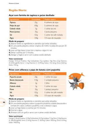 Ministério da Saúde
Região Norte
Açaí com farinha de tapioca e peixe desfiado
Ingredientes Quantidade Medida caseira
Tapioca 25g 4 colheres de sopa
Polpa de açaí 100g 5 colheres de sopa
Cebola ralada 5g 1 colher de chá
Peixe (posta) 35g 1 posta pequena
Sal 0,5g 1 colher de café nivelada
Água 100g 1/3 copo de requeijão
Modo de preparo
1. Separar todos os ingredientes e utensílios que serão utilizados;
2.	Em uma panela pequena, colocar a tapioca de molho na polpa de açaí por 20
minutos;
3.	Levar ao fogo baixo o açaí com a tapioca, a água e o sal;
4.	Deixar cozinhar por 5 minutos;
5.	Desligar o fogão e servir com o peixe cozido desfiado.
Valor nutricional:
Energia: 421kcal; Proteína: 14g; Carboidrato: 51g; Lipídeos: 18g; Fibra: 6,2g; Vitamina
A: 0,44mcgEAR; Ferro: 1,1mg;Vitamina C: 33,94mg; Cálcio: 135,16mg; Zinco: 0,02mg;
Sódio: 195mg.
Peixe com alfavaca e papa de batata com pupunha
Ingredientes Quantidade Medida caseira
Pupunha picada 20g 1 colher de sopa
Batata descascada 110g 1 unidade pequena
Alfavaca 2g 1 folha
Cebola ralada 5g 1 colher de sopa
Peixe 35g 1 pedaço pequeno
Sal 0,5g 1 colher de café nivelada
Água 100g 1/3 copo de requeijão
Modo de preparo
1. Separar todos os ingredientes e utensílios que serão utilizados;
2.	Em uma panela pequena, colocar a pupunha picadinha, a batata descascada e
cortada em cubos, a alfavaca picadinha, o sal, a cebola e a água;
3.	Levar ao fogo baixo e cozinhar por 15 minutos;
4.	Escorrer a água;
5.	Amassar com um garfo e servir com o peixe cozido desfiado.
Valor nutricional:
Energia:213kcal;Proteína:12,35g;Carboidrato:24,72g;Lipídeos:7,16g;Fibra:5,23g;Vitamina
A: 306,49mcgEAR; Ferro: 2,16mg; Vitamina C: 28,3mg; Cálcio: 39,63mg; Zinco: 0,43mg;
Sódio: 198,05mg.
46
 