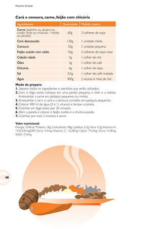 Ministério da Saúde
Cará e cenoura, carne, feijão com chicória
Ingredientes Quantidade Medida caseira
Carne (patinho ou alcatra ou
coxão mole ou músculo - moído
ou picado)
60g 3 colheres de sopa
Cará descascado 130g 1 unidade média
Cenoura 50g 1 unidade pequena
Feijão cozido com caldo 50g 3 colheres de sopa rasas
Cebola ralada 5g 1 colher de chá
Óleo 3g 1 colher de café
Chicória 6g 1 colher de sopa
Sal 0,5g 1 colher de café nivelada
Água 400g 2 xícaras e meia de chá
Modo de preparo
1. Separar todos os ingredientes e utensílios que serão utilizados;
2.	Com o fogo aceso, coloque em uma panela pequena, o óleo e a cebola.
Acrescentar a carne em pedaços pequenos ou moída;
3.	Acrescentar o sal e o cará e a cenoura cortados em pedaços pequenos;
4.	Colocar 400 ml de água (2 e ½ xícaras) e tampar a panela;
5.	Cozinhar em fogo baixo por 20 minutos;
6.	Abrir a panela e colocar o feijão cozido e a chicória picada;
7.	Cozinhar por mais 2 minutos e servir.
Valor nutricional:
Energia: 324kcal; Proteína: 18g; Carboidrato: 48g; Lipídeos: 6,3g; Fibra: 4,7g;Vitamina A:
1432,24mcgEAR; Ferro: 4,3mg; Vitamina C: 16,28mg; Cálcio: 73,3mg; Zinco: 4,18mg;
Sódio: 316mg.
48
 